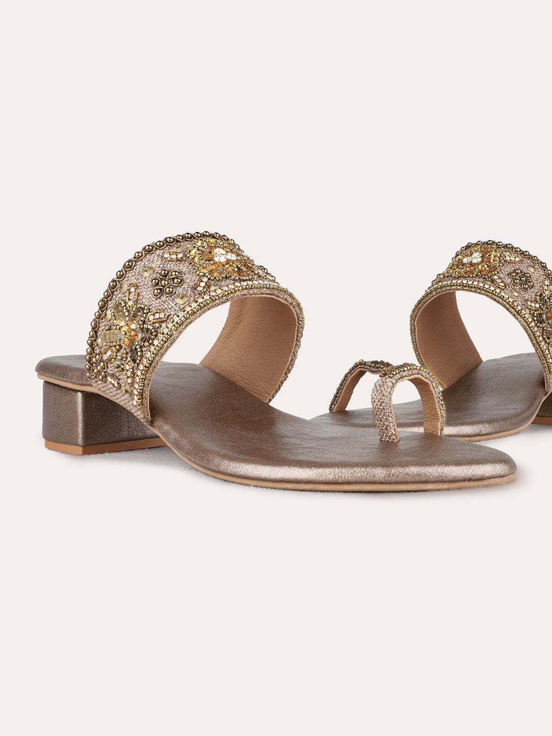 Womens Golden Embellished Ethnic Round Toe Block heels