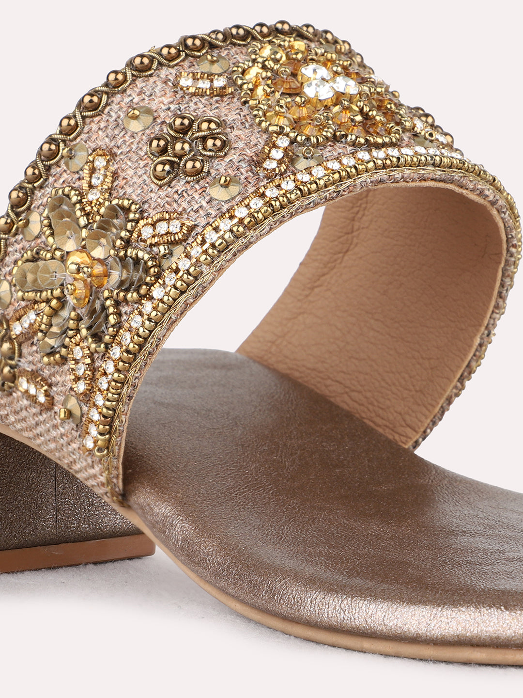 Womens Golden Embellished Ethnic Round Toe Block heels
