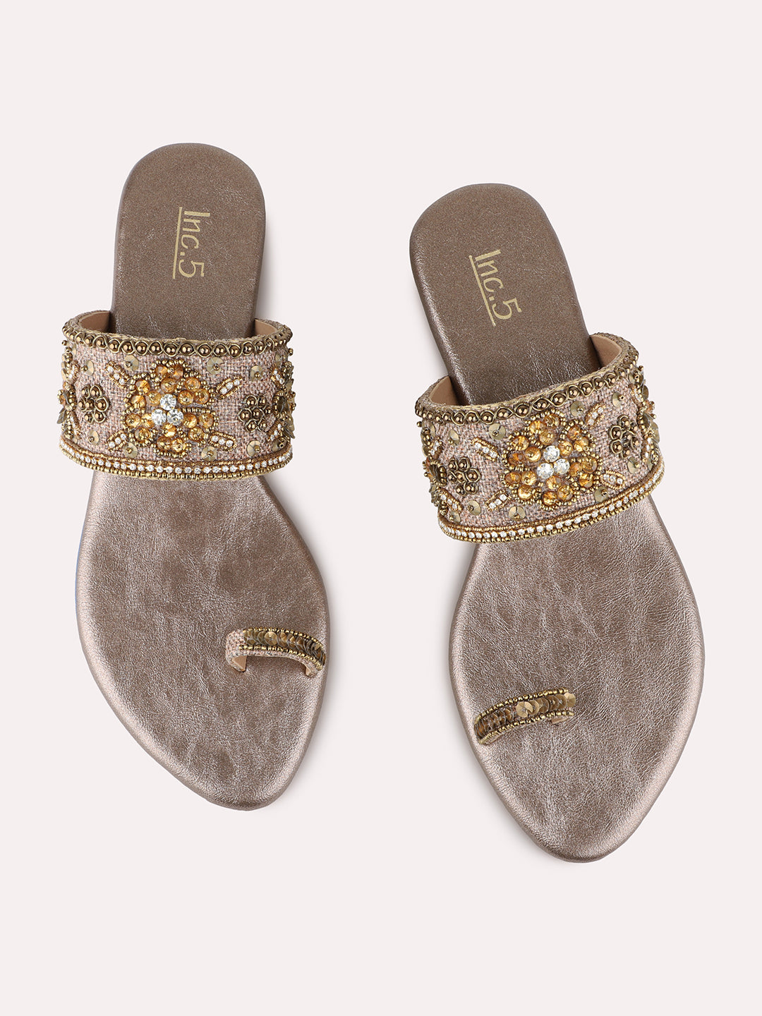 Womens Golden Embellished Ethnic Round Toe Block heels