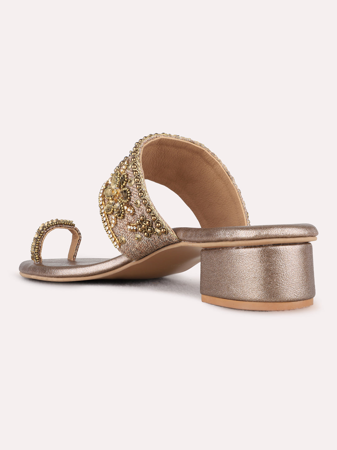 Womens Golden Embellished Ethnic Round Toe Block heels