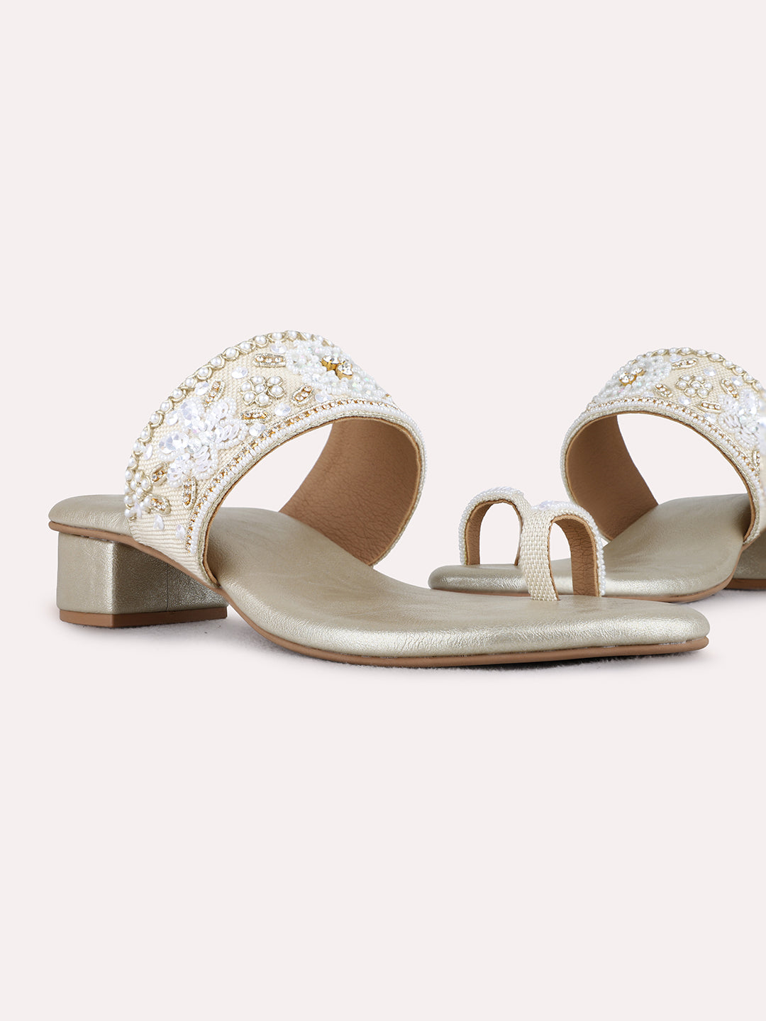 Womens Golden Ethnic Embellished Round Toe Block Heels