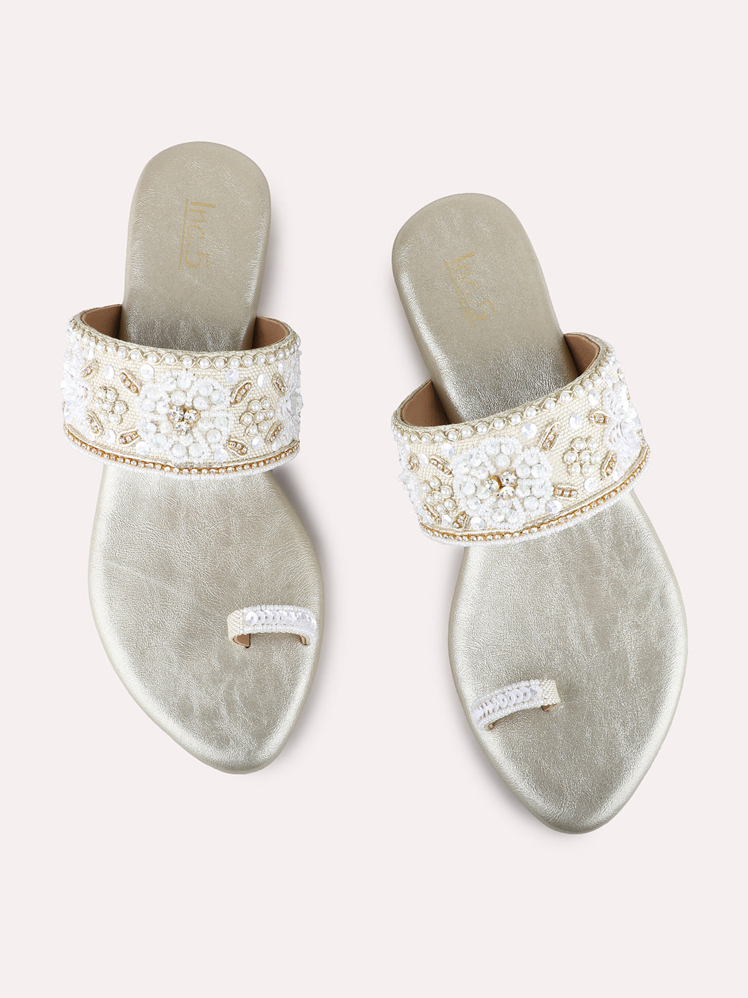 Womens Golden Ethnic Embellished Round Toe Block Heels