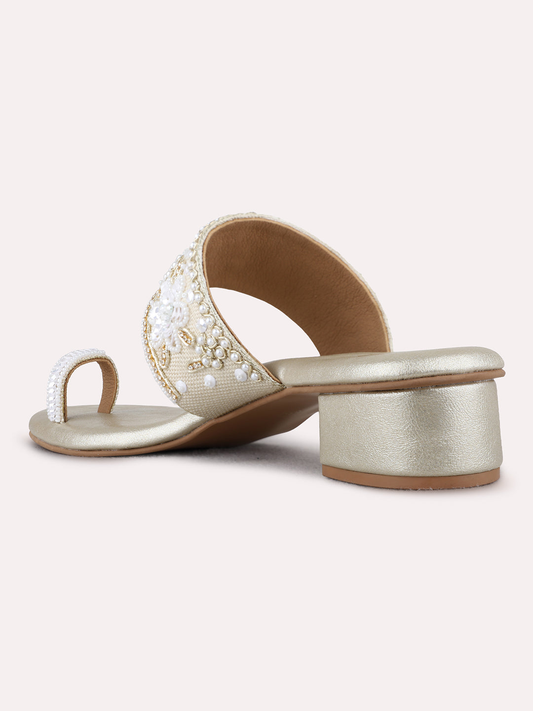 Womens Golden Ethnic Embellished Round Toe Block Heels