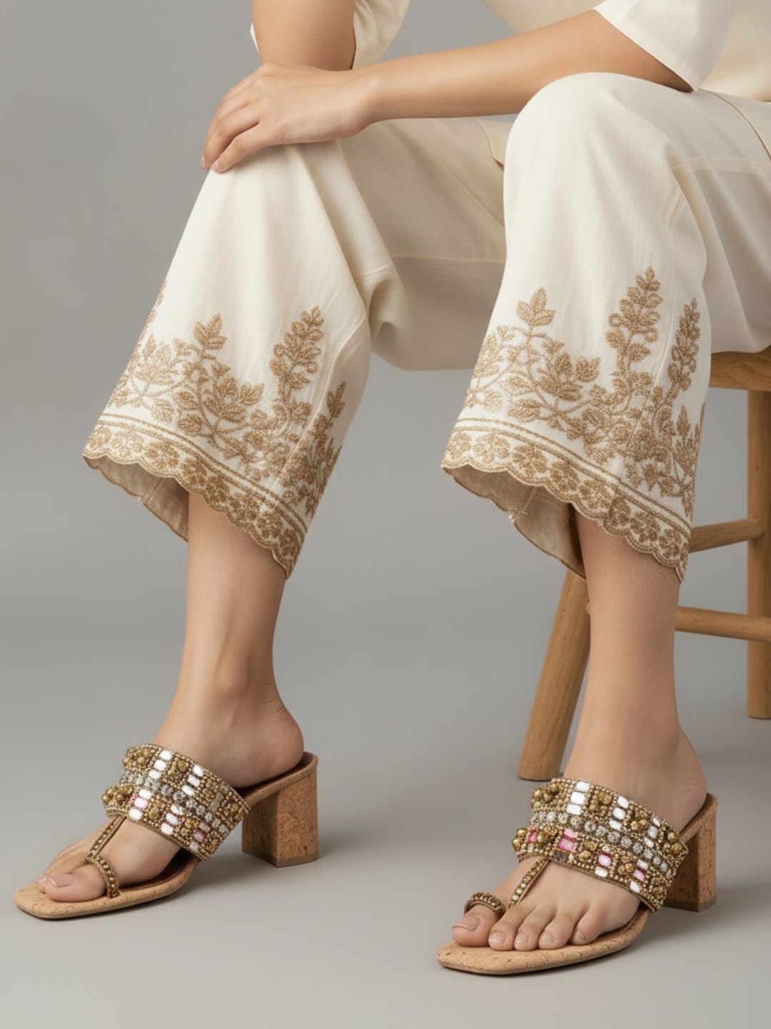 Womens Golden Ethnic Embellished Pattern Round Toe Shape Block Heels