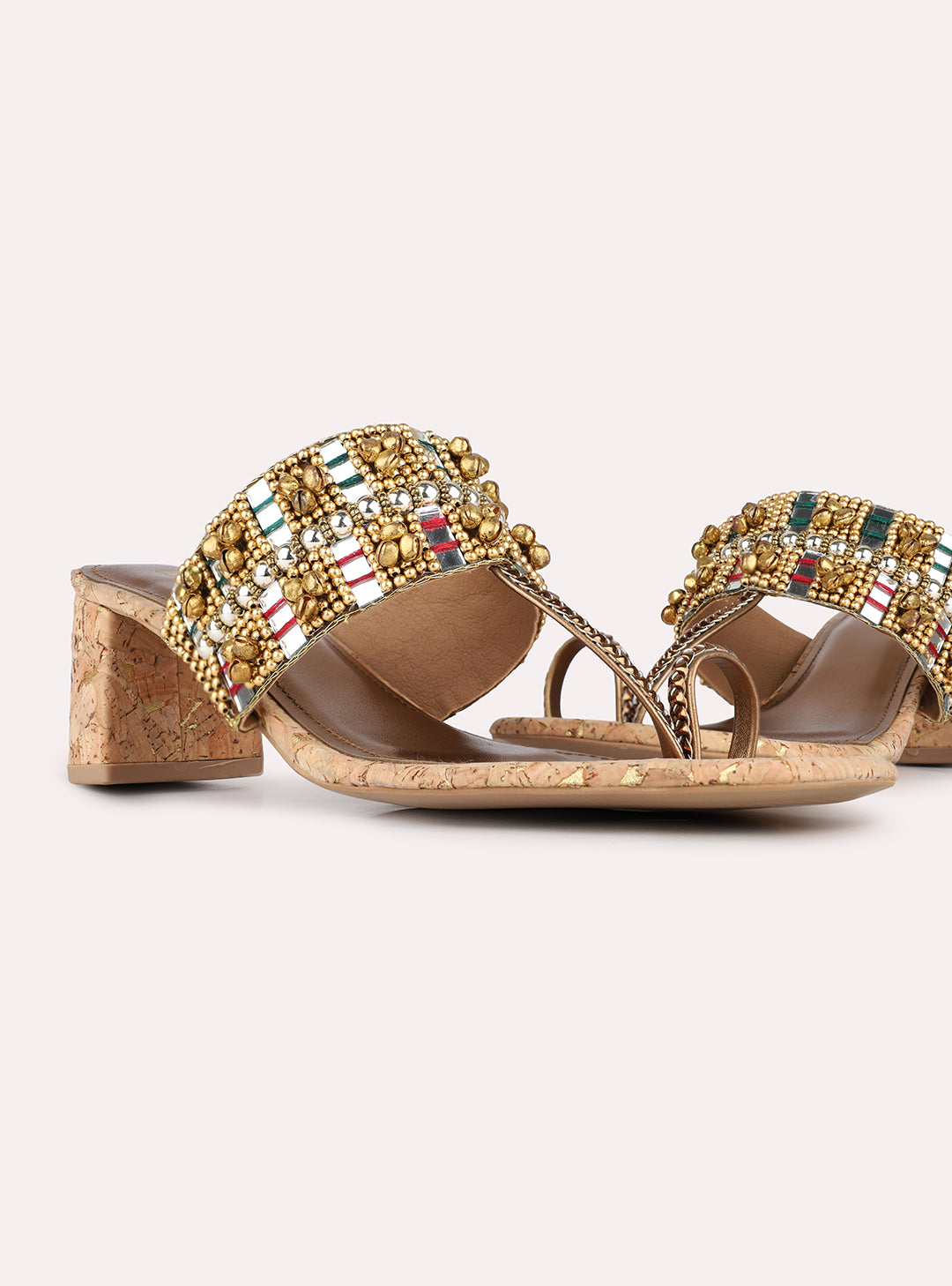Womens Golden Ethnic Embellished Pattern Round Toe Shape Block Heels
