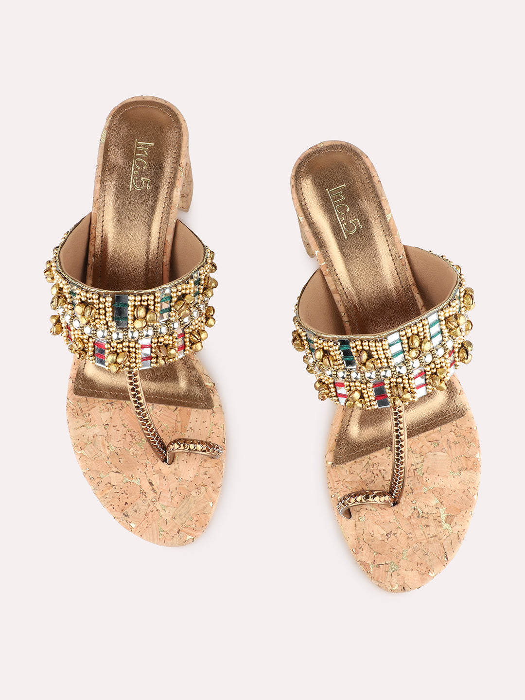 Womens Golden Ethnic Embellished Pattern Round Toe Shape Block Heels