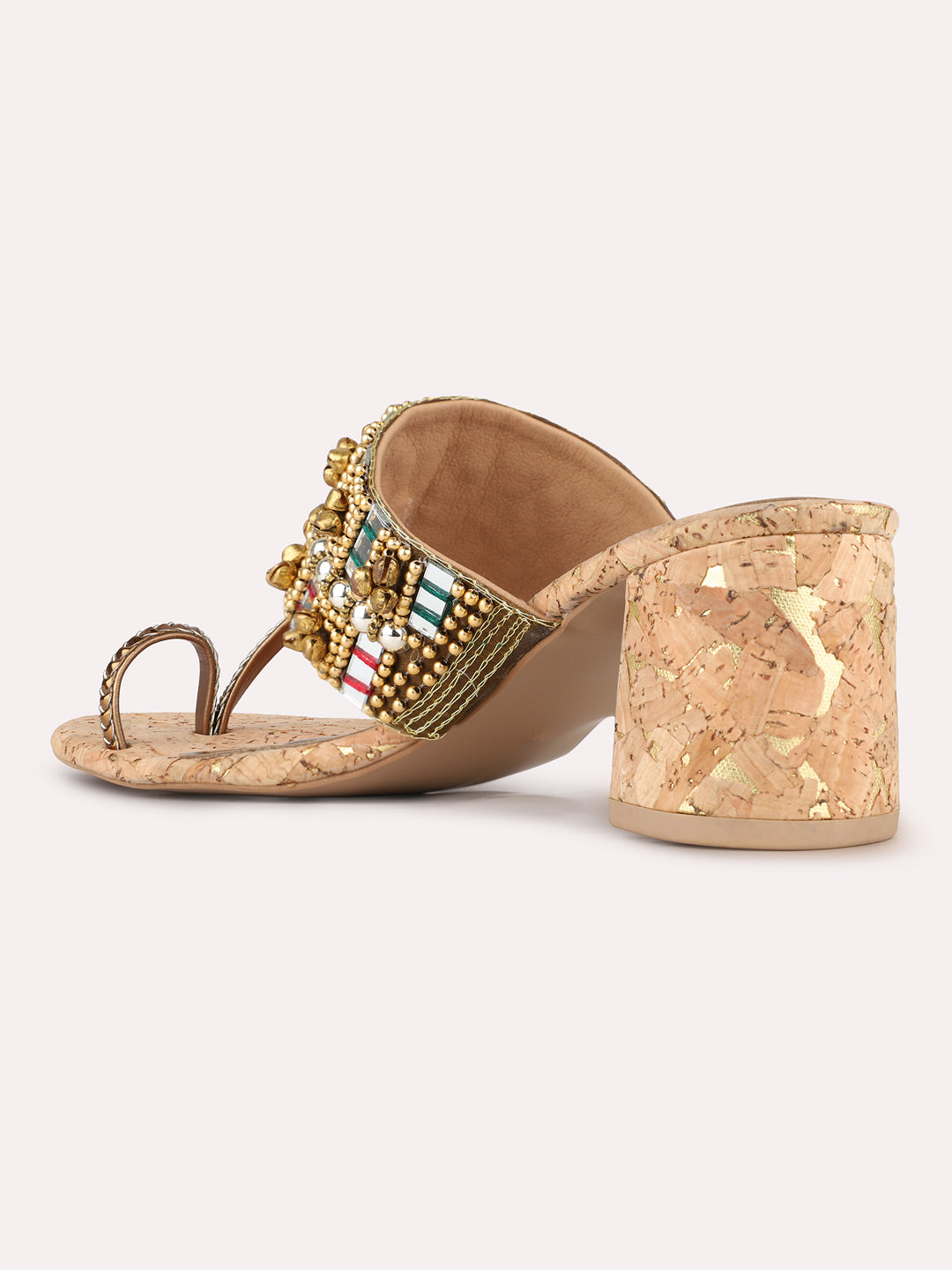 Womens Golden Ethnic Embellished Pattern Round Toe Shape Block Heels