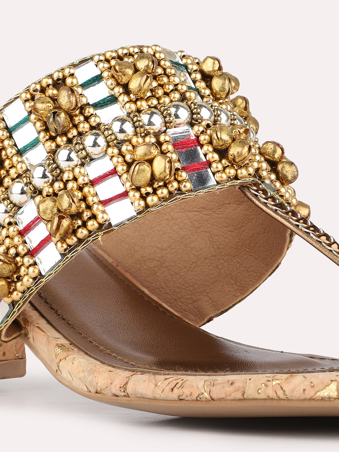 Womens Golden Ethnic Embellished Pattern Round Toe Shape Block Heels