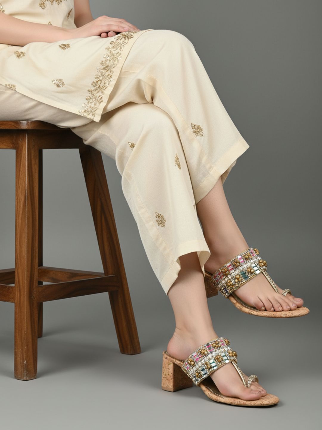 Womens Golden Ethnic Embellished Round Toe Shape Block Heels