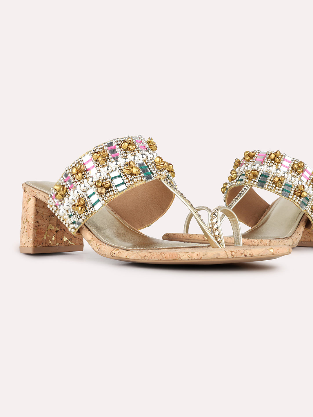 Womens Golden Ethnic Embellished Round Toe Shape Block Heels