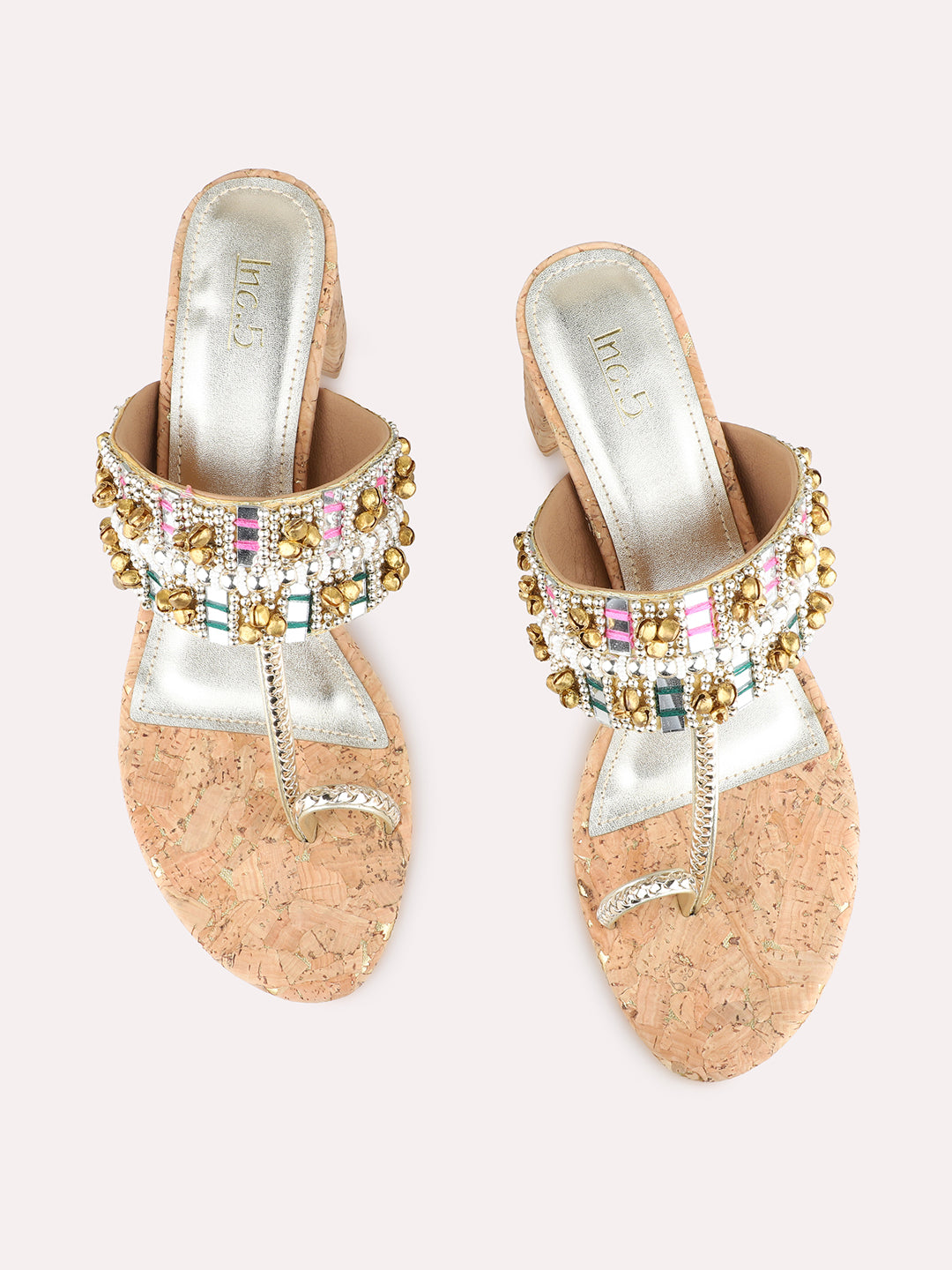 Womens Golden Ethnic Embellished Round Toe Shape Block Heels