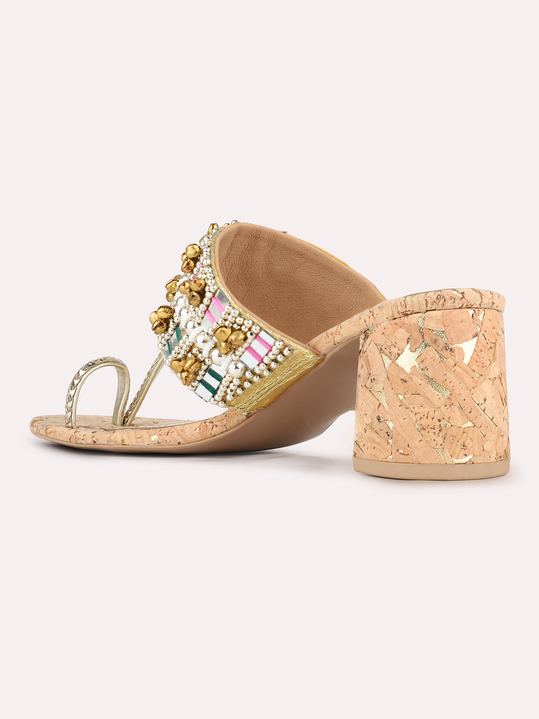Womens Golden Ethnic Embellished Round Toe Shape Block Heels