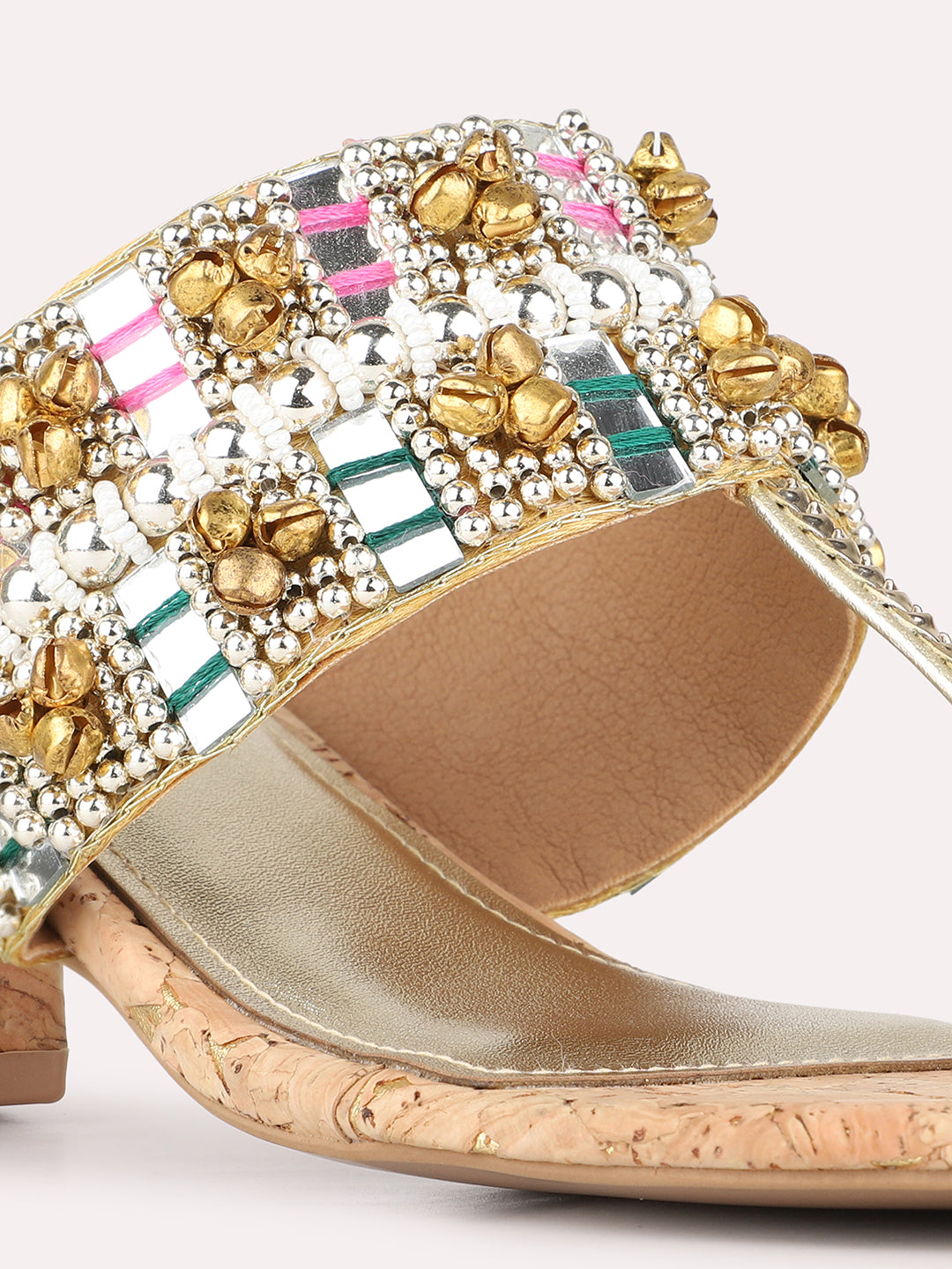 Womens Golden Ethnic Embellished Round Toe Shape Block Heels