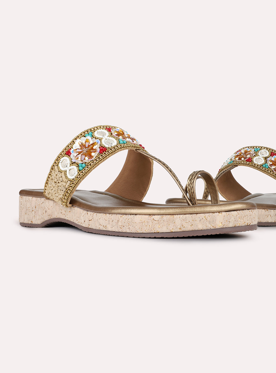 Womens Golden Ethnic Embellished Round Toe Flatform Heel Flatforms
