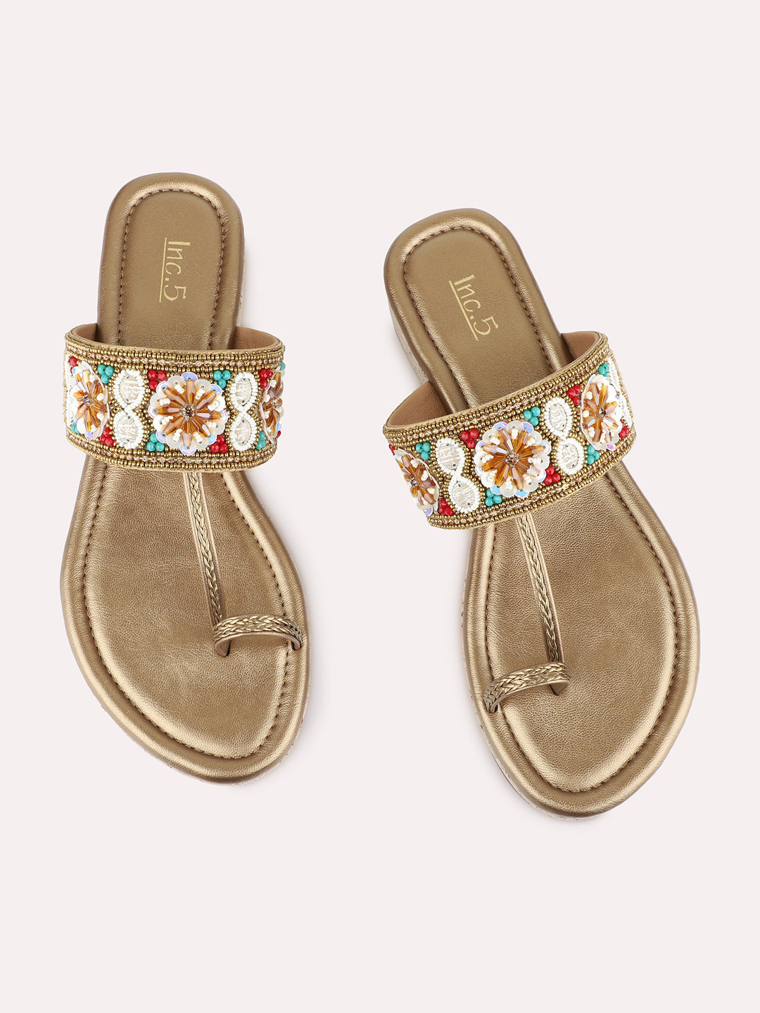 Womens Golden Ethnic Embellished Round Toe Flatform Heel Flatforms