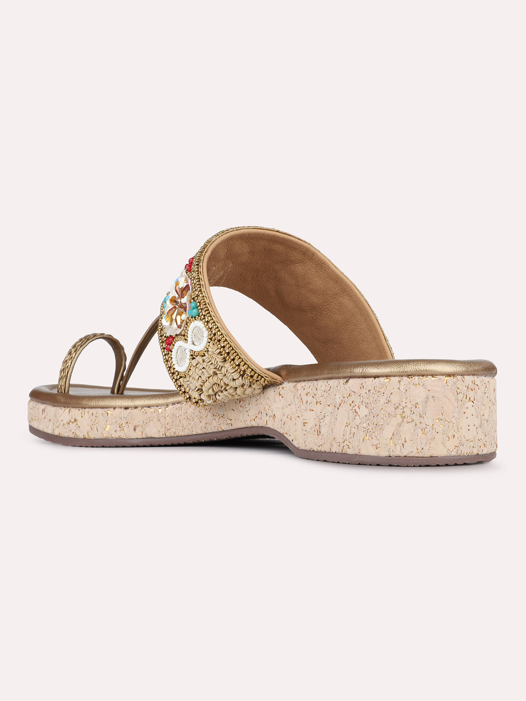 Womens Golden Ethnic Embellished Round Toe Flatform Heel Flatforms