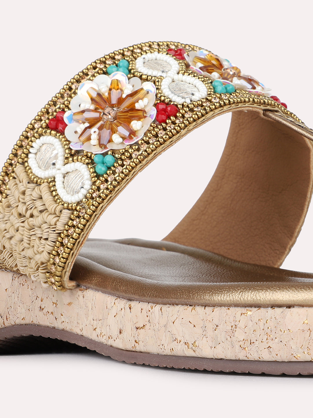 Womens Golden Ethnic Embellished Round Toe Flatform Heel Flatforms