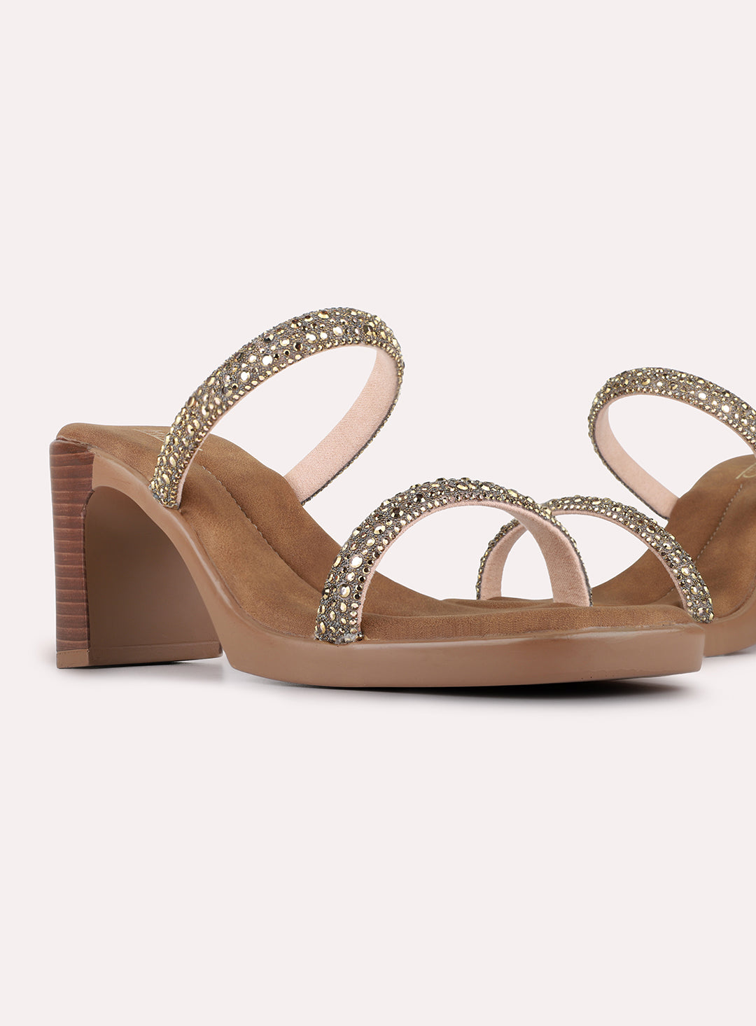 Womens Golden Party Wear Embellished Round Toe Block Heels