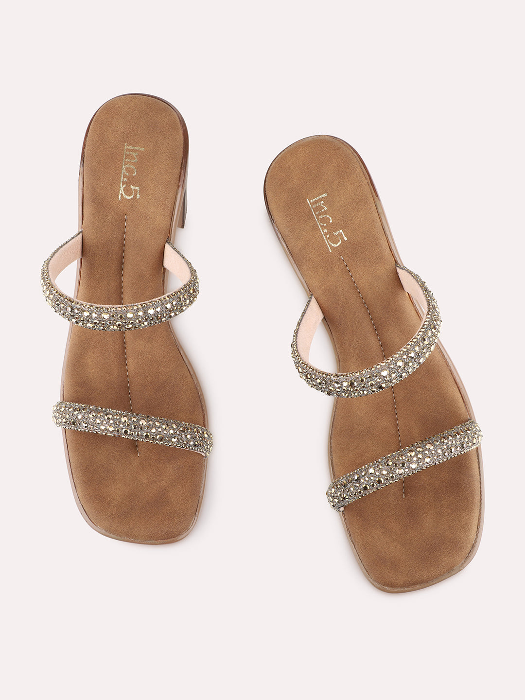 Womens Golden Party Wear Embellished Round Toe Block Heels