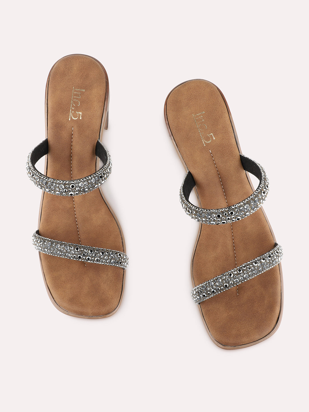 Womens Pewter Party Wear Embellished Round Toe Block Heels