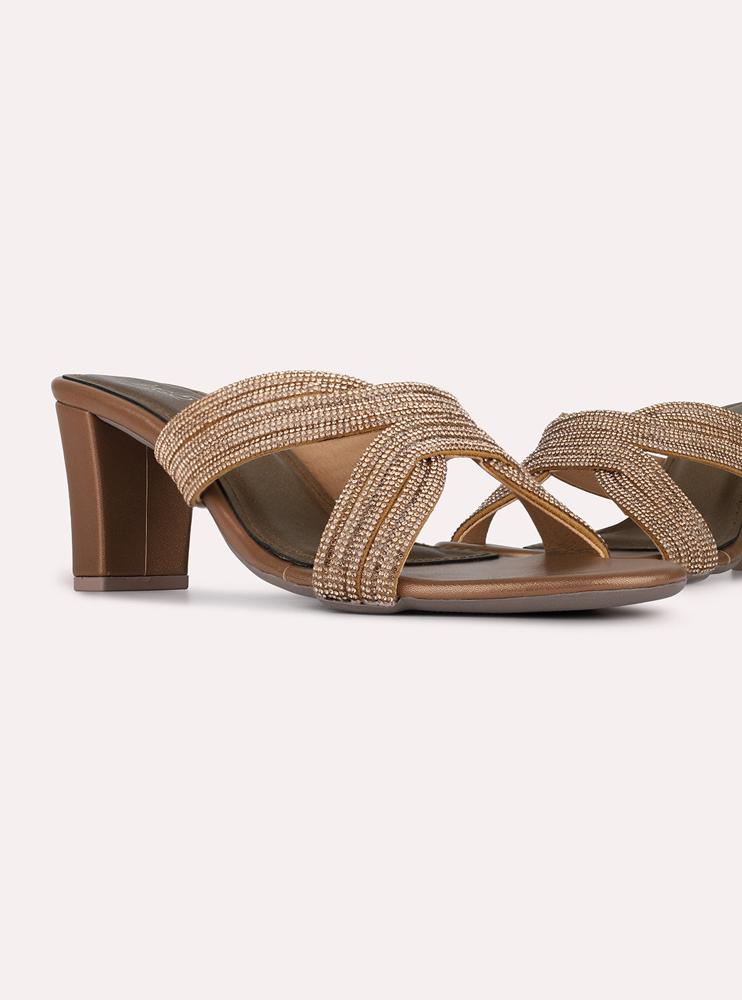 Womens Golden Ethnic Embellished Pattern Round Toe Block Heels