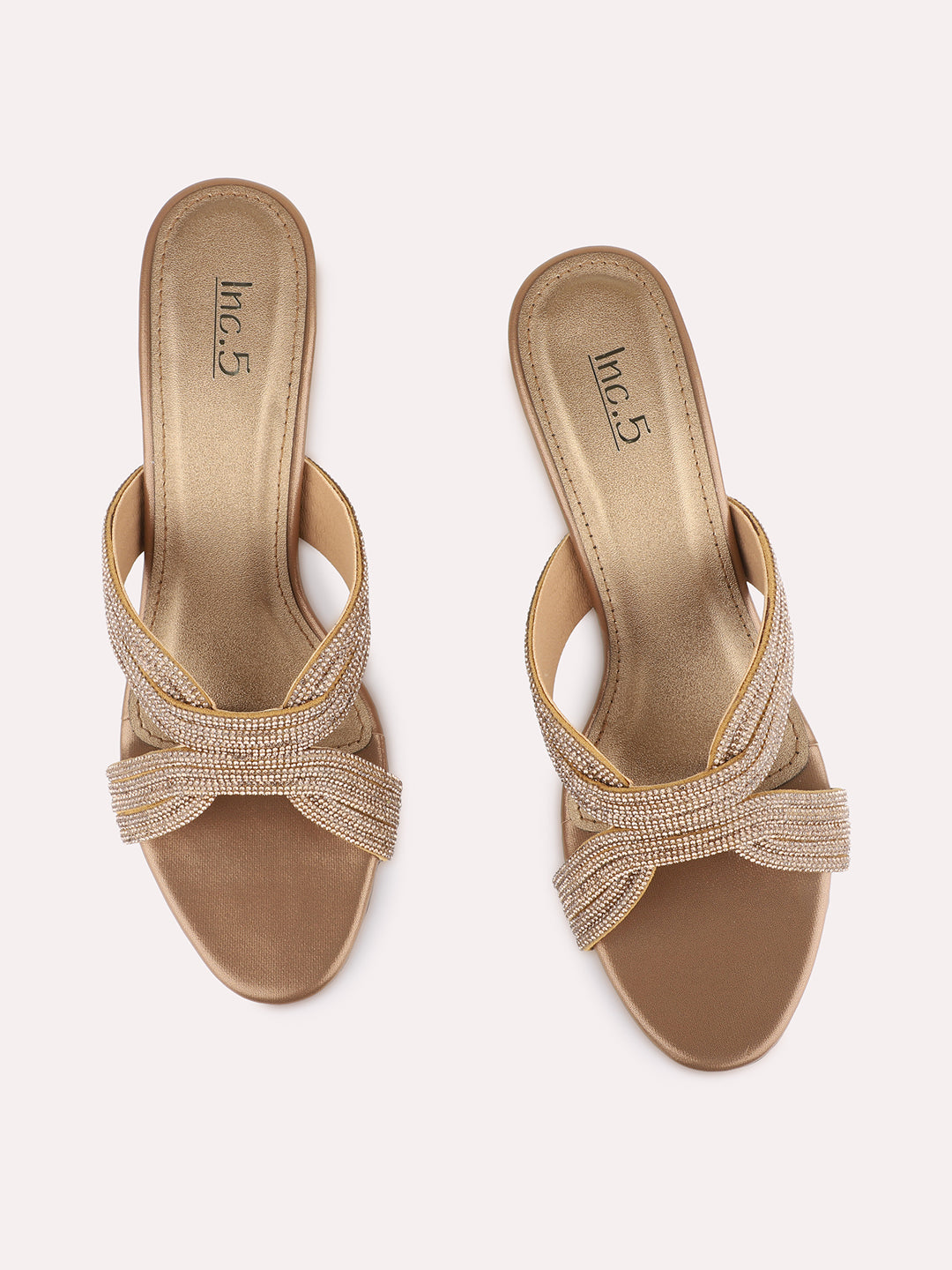 Womens Golden Ethnic Embellished Pattern Round Toe Block Heels