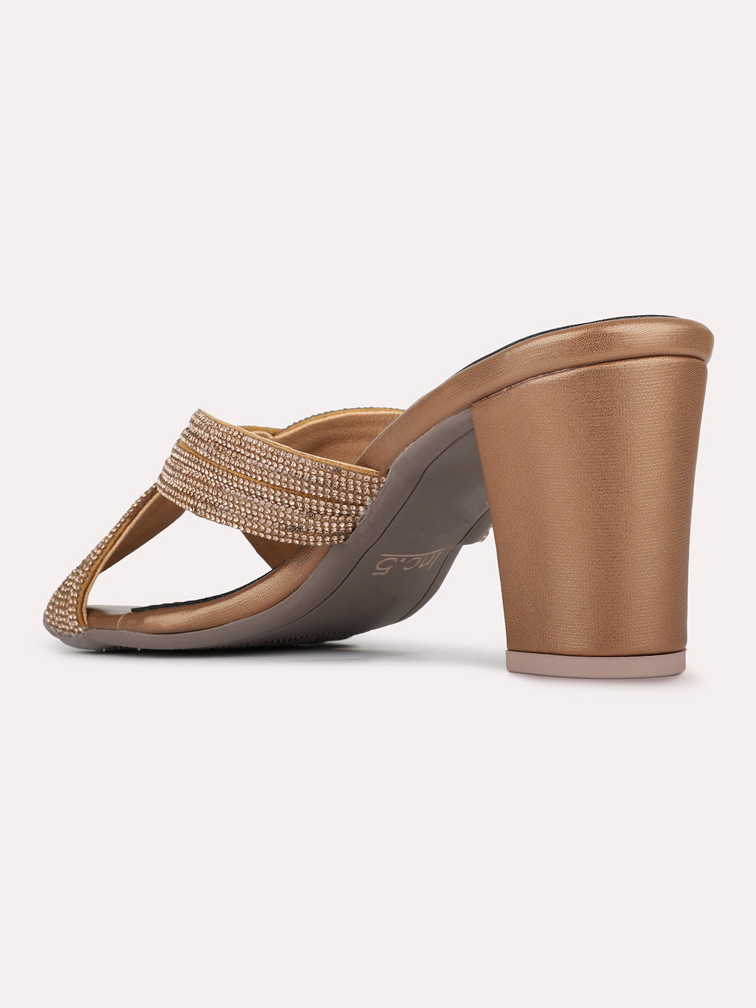 Womens Golden Ethnic Embellished Pattern Round Toe Block Heels