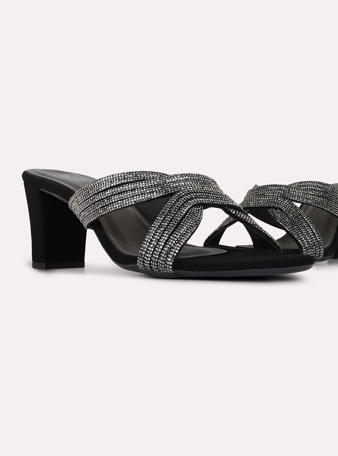 Womens Black Party Wear Embellished Round Toe Block Heels