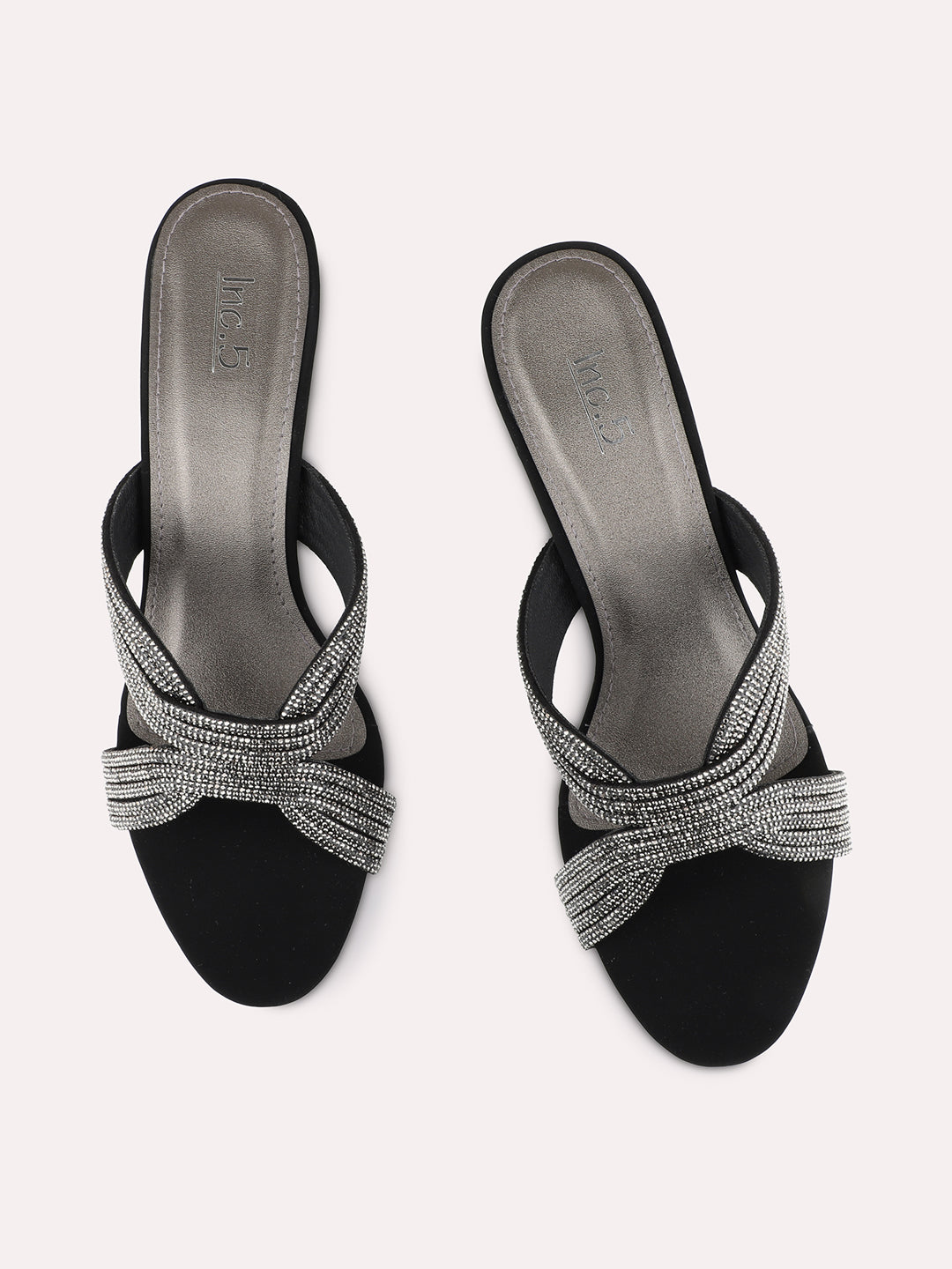 Womens Black Party Wear Embellished Round Toe Block Heels
