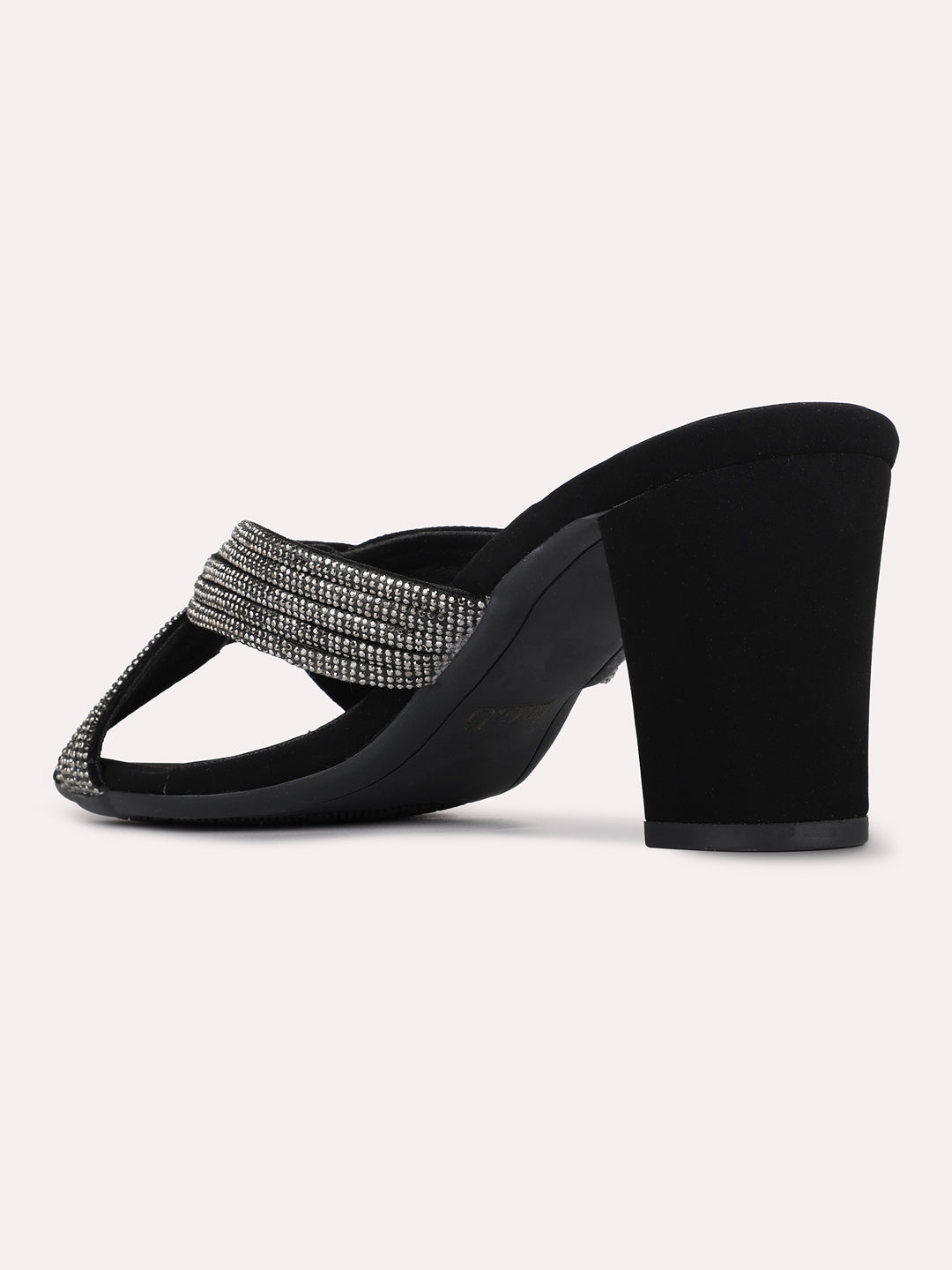 Womens Black Party Wear Embellished Round Toe Block Heels