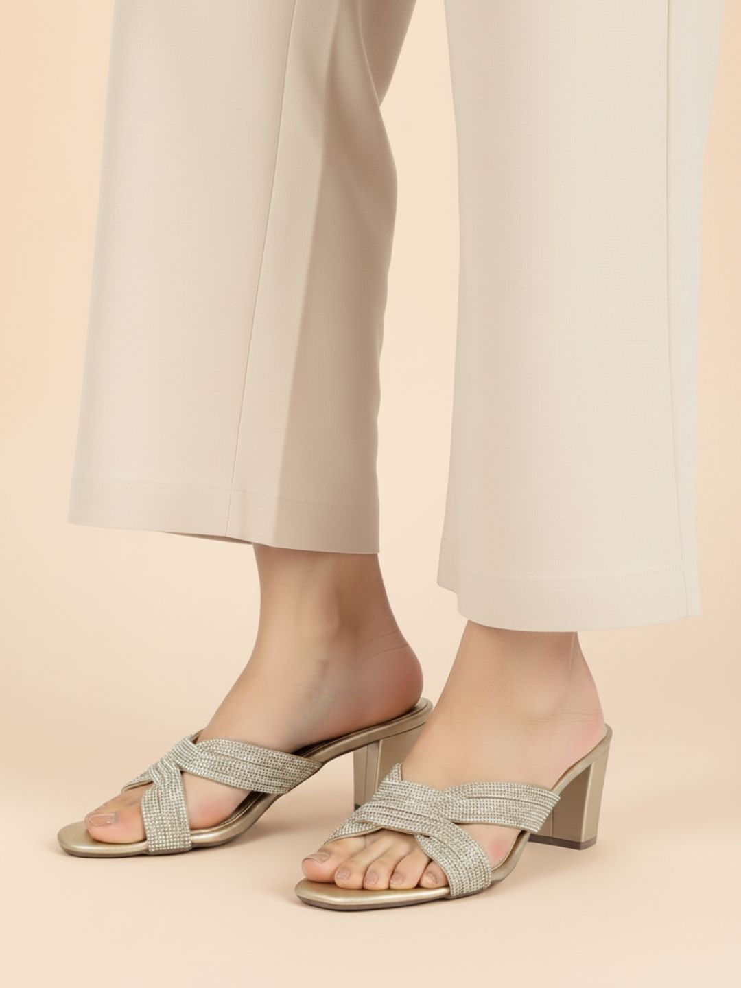 Womens Golden Ethnic Embellished Pattern Round Toe Shape Heels