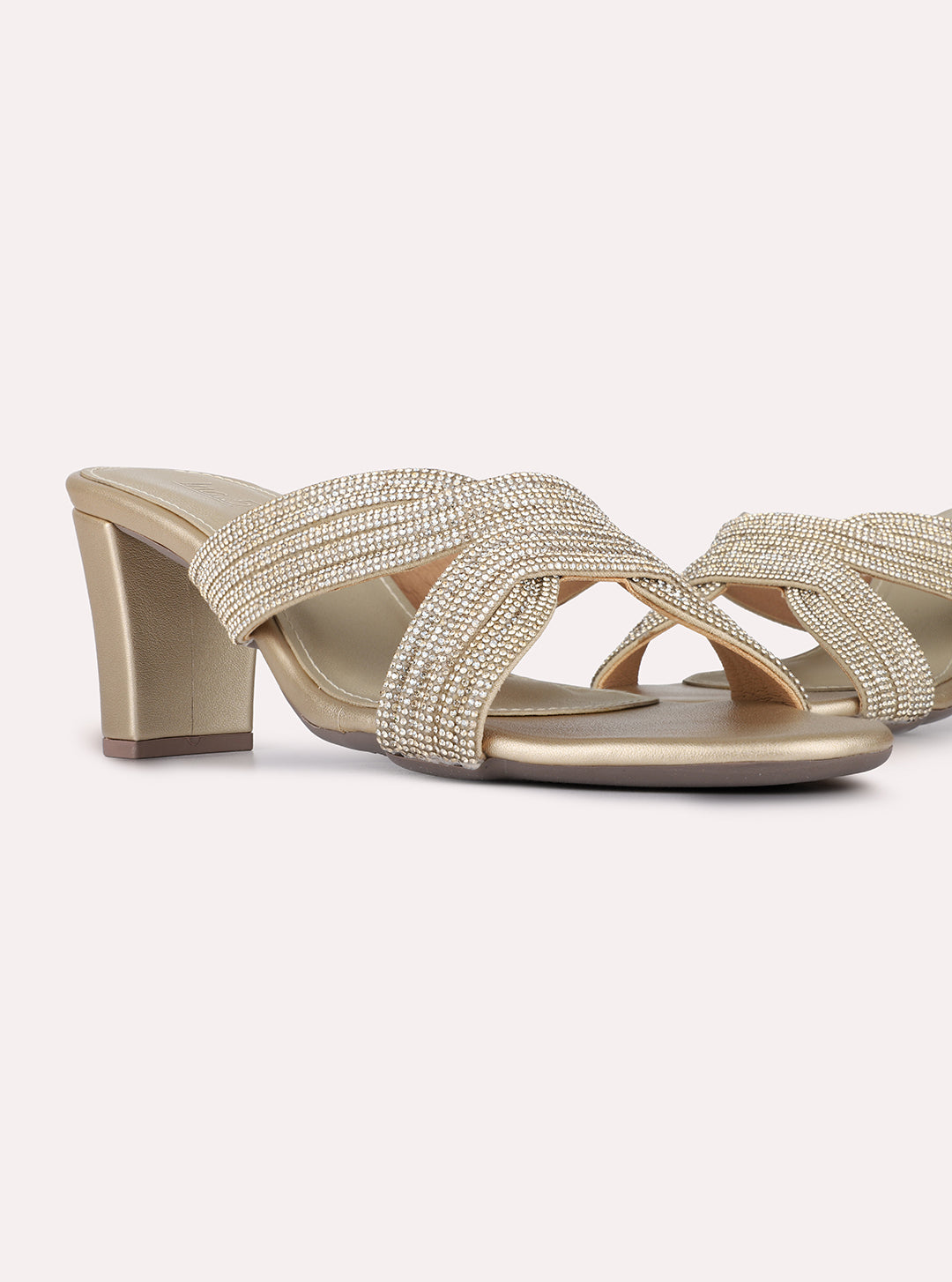 Womens Golden Ethnic Embellished Pattern Round Toe Shape Heels