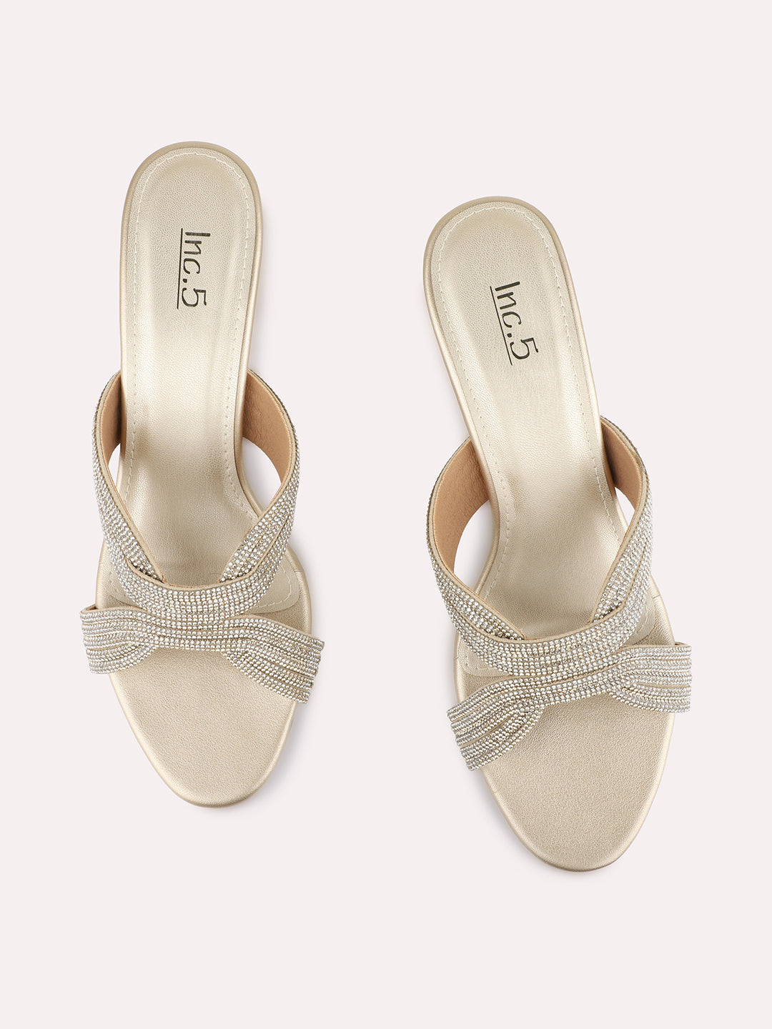 Womens Golden Ethnic Embellished Pattern Round Toe Shape Heels