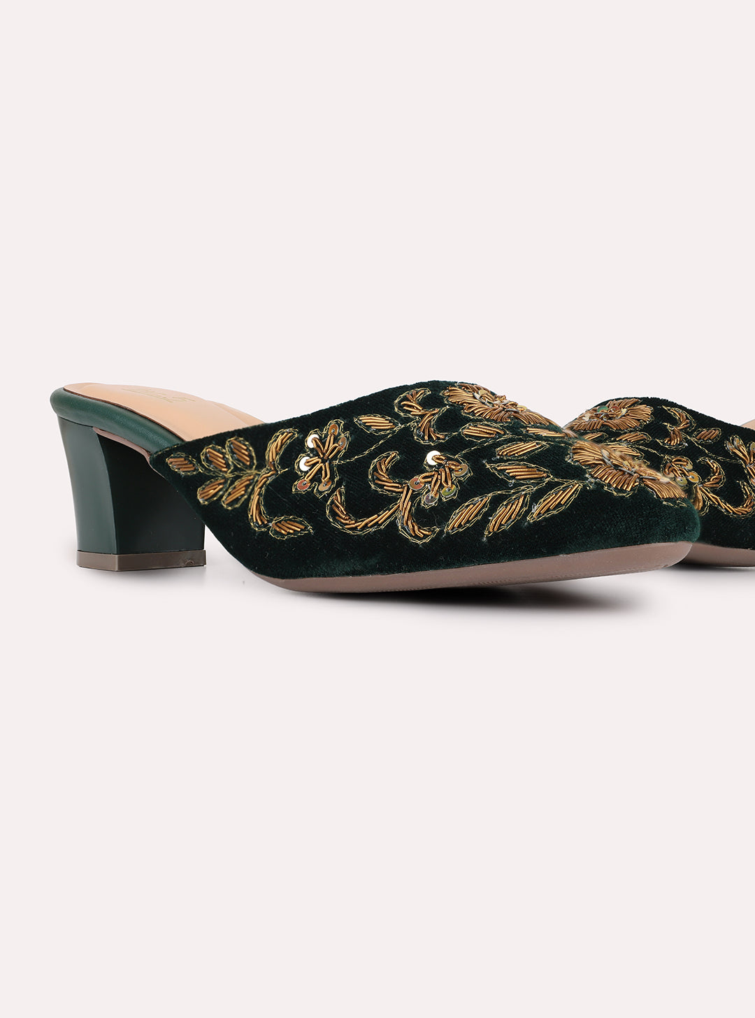 Womens Green Ethnic Embellished Round Toe Block Heels Mules