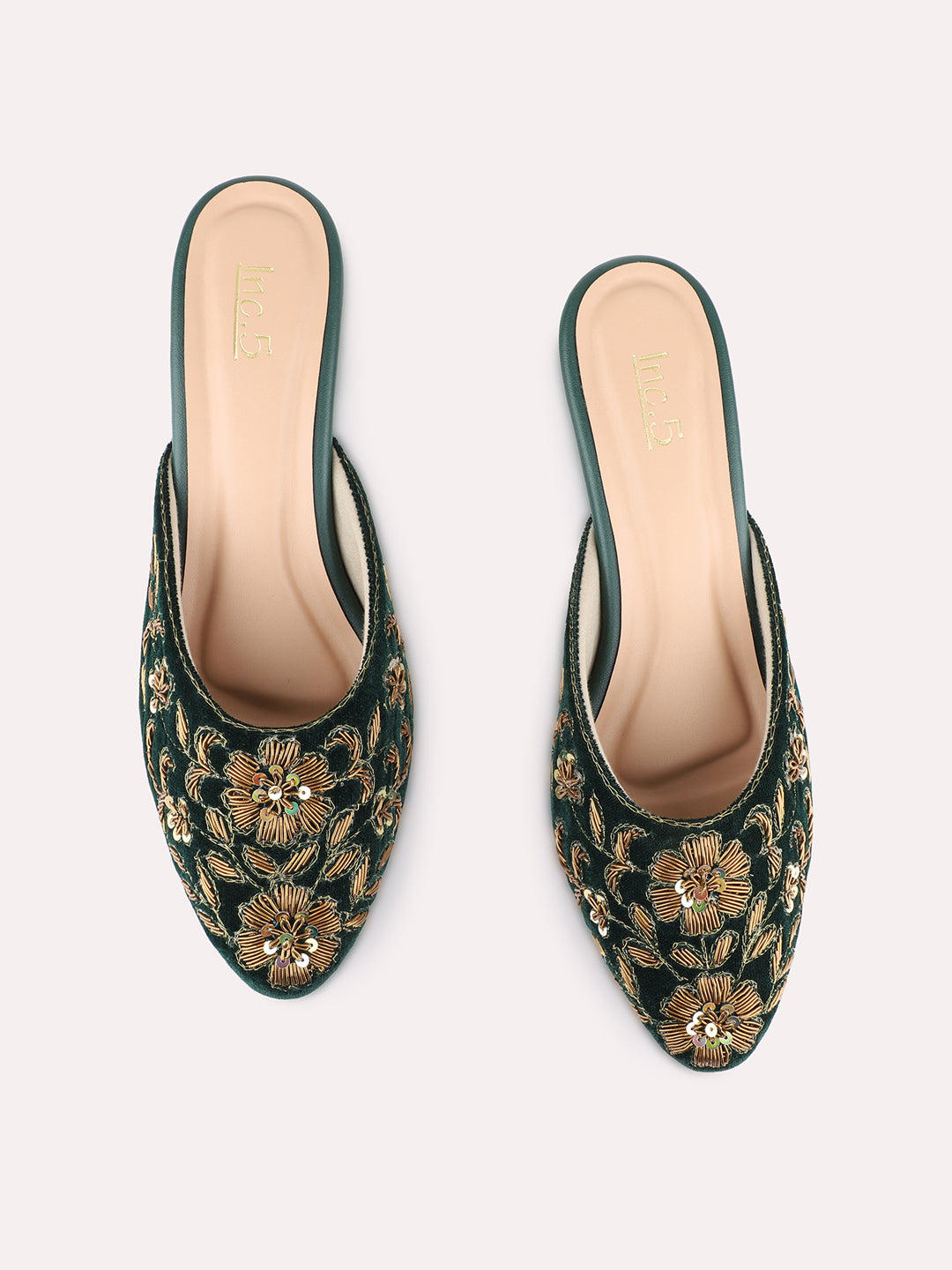 Womens Green Ethnic Embellished Round Toe Block Heels Mules