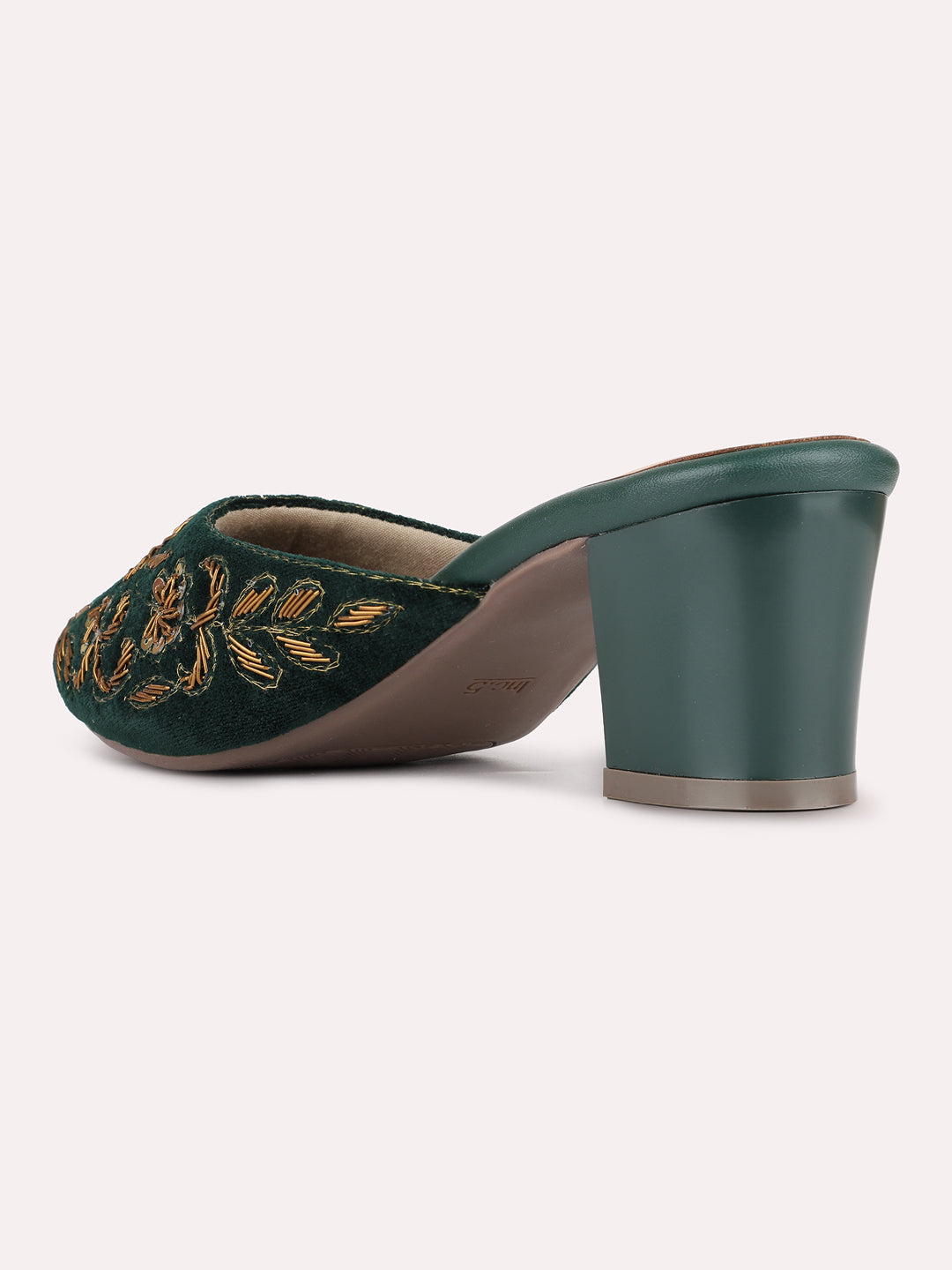 Womens Green Ethnic Embellished Round Toe Block Heels Mules