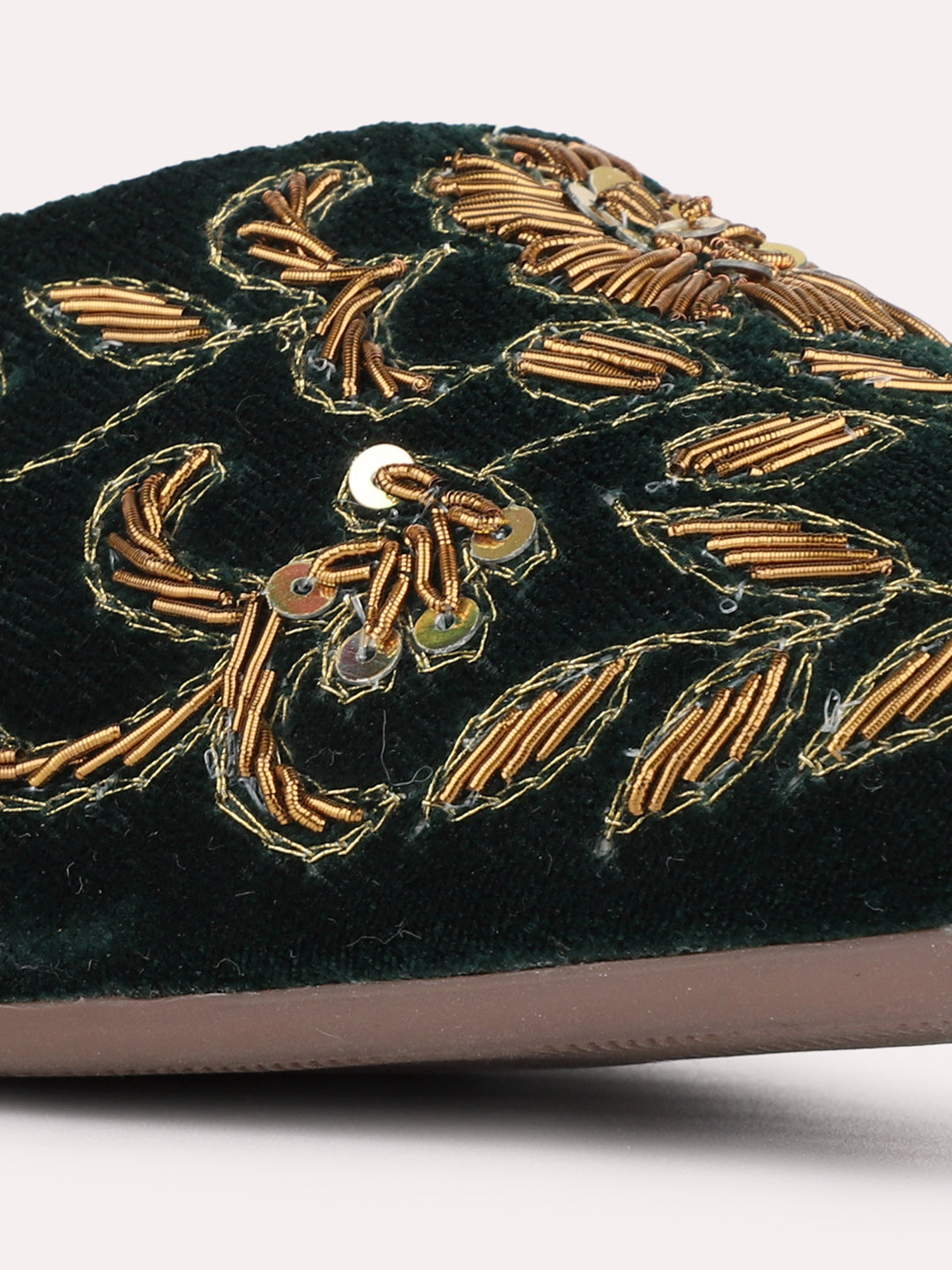 Womens Green Ethnic Embellished Round Toe Block Heels Mules