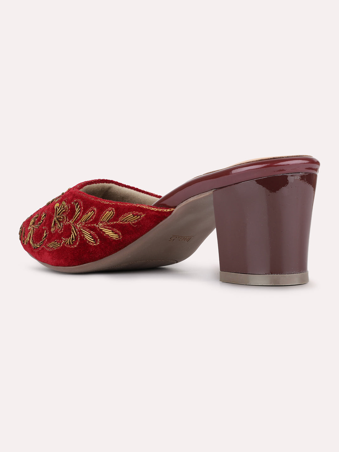 Womens Maroon Ethnic Embellished Round Toe Block Heels Mules