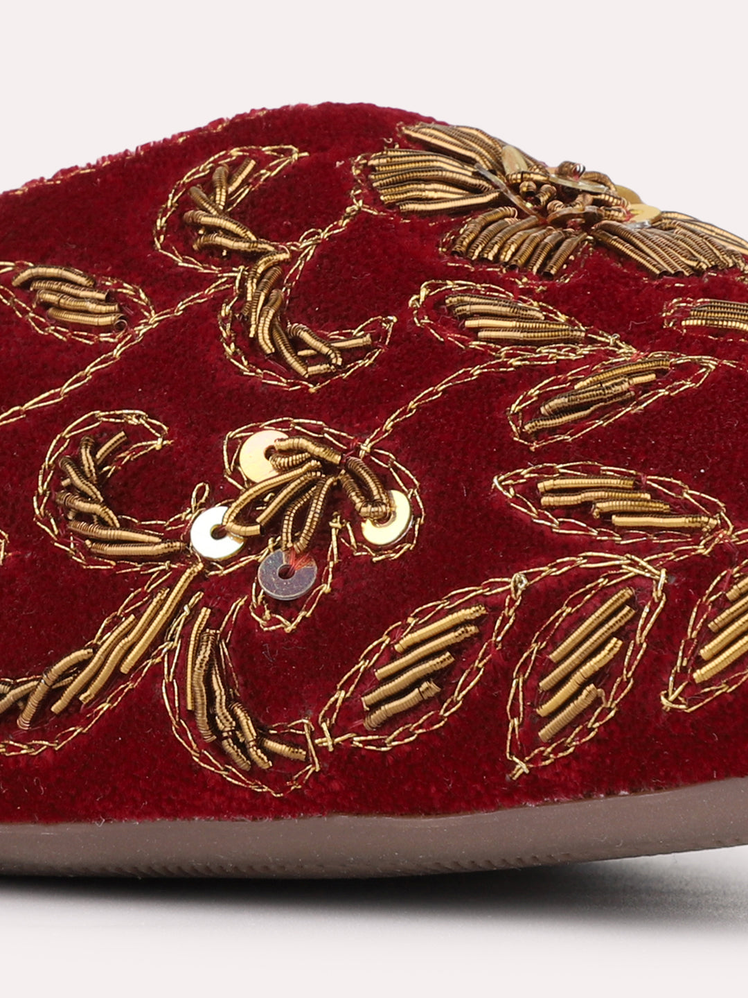 Womens Maroon Ethnic Embellished Round Toe Block Heels Mules