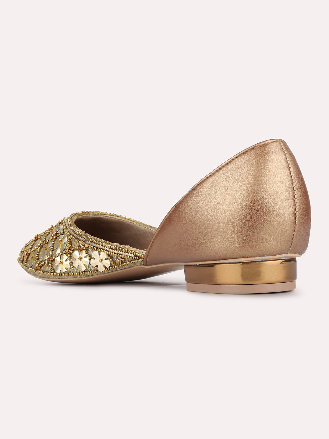 Womens Golden Ethnic Embellished Pattern Round Toe Block Mules