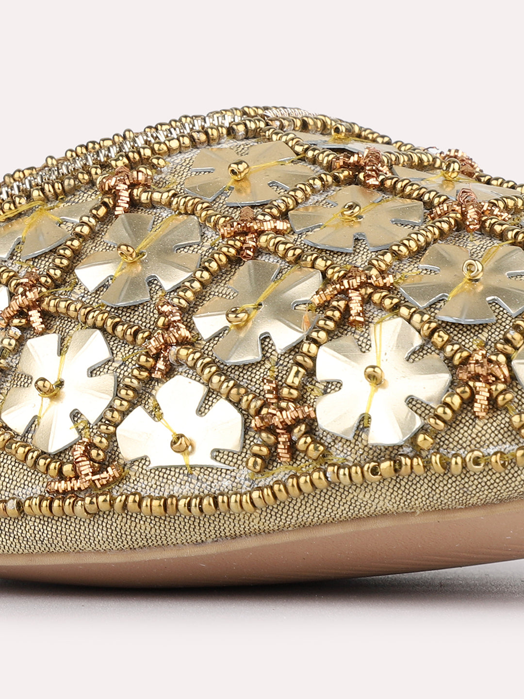 Womens Golden Ethnic Embellished Pattern Round Toe Block Mules