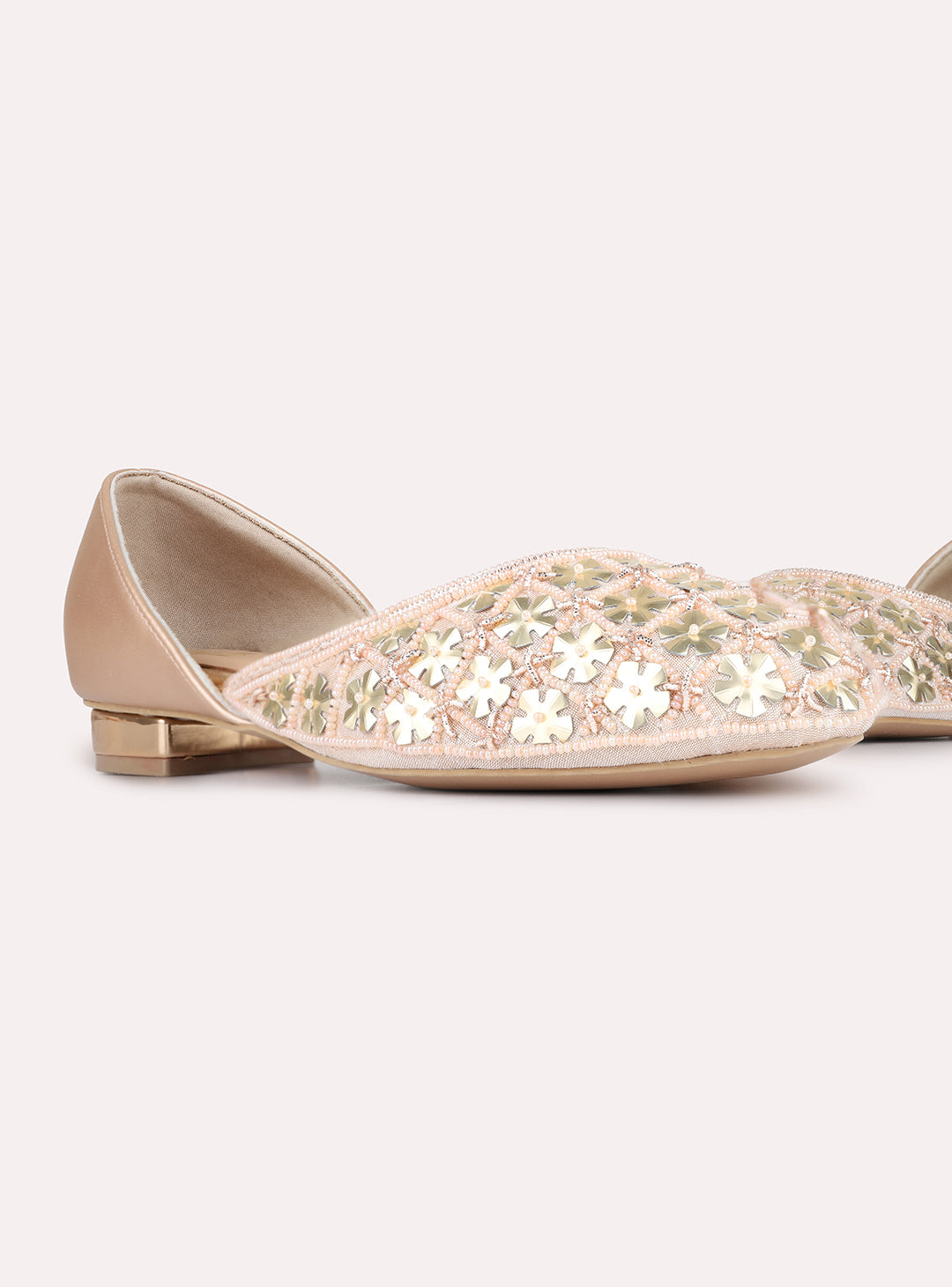 Womens Rose Gold Ethnic Embellished Round Toe Block Mules