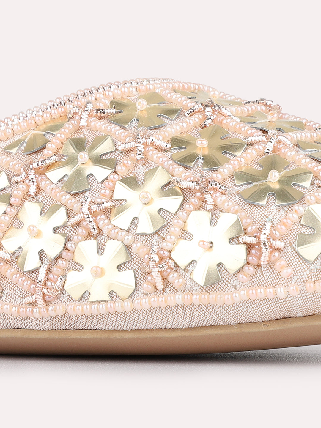Womens Rose Gold Ethnic Embellished Round Toe Block Mules