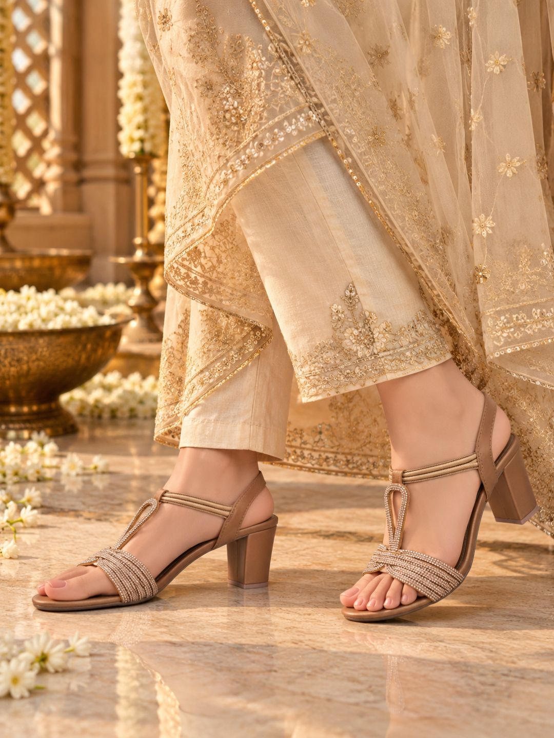 Womens Golden Embellished Round Toe shape Ethnic Block Heels