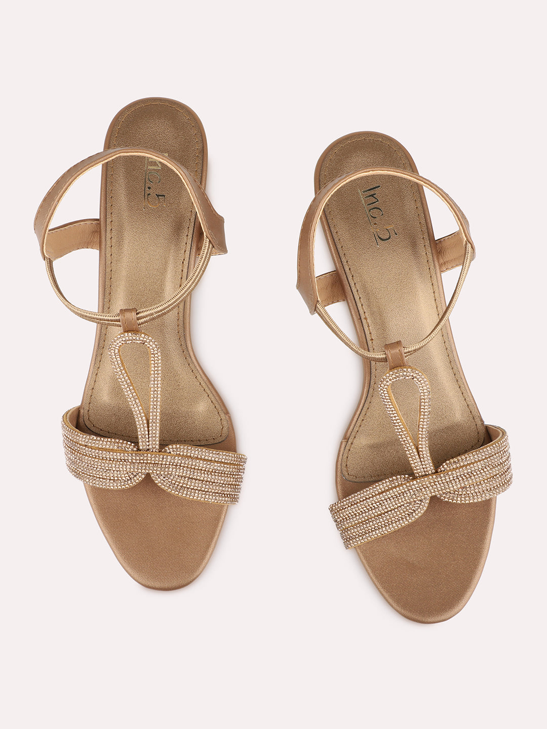 Womens Golden Embellished Round Toe shape Ethnic Block Heels