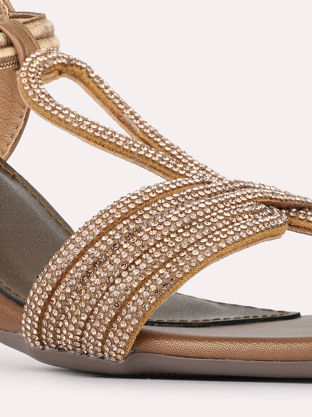 Womens Golden Embellished Round Toe shape Ethnic Block Heels