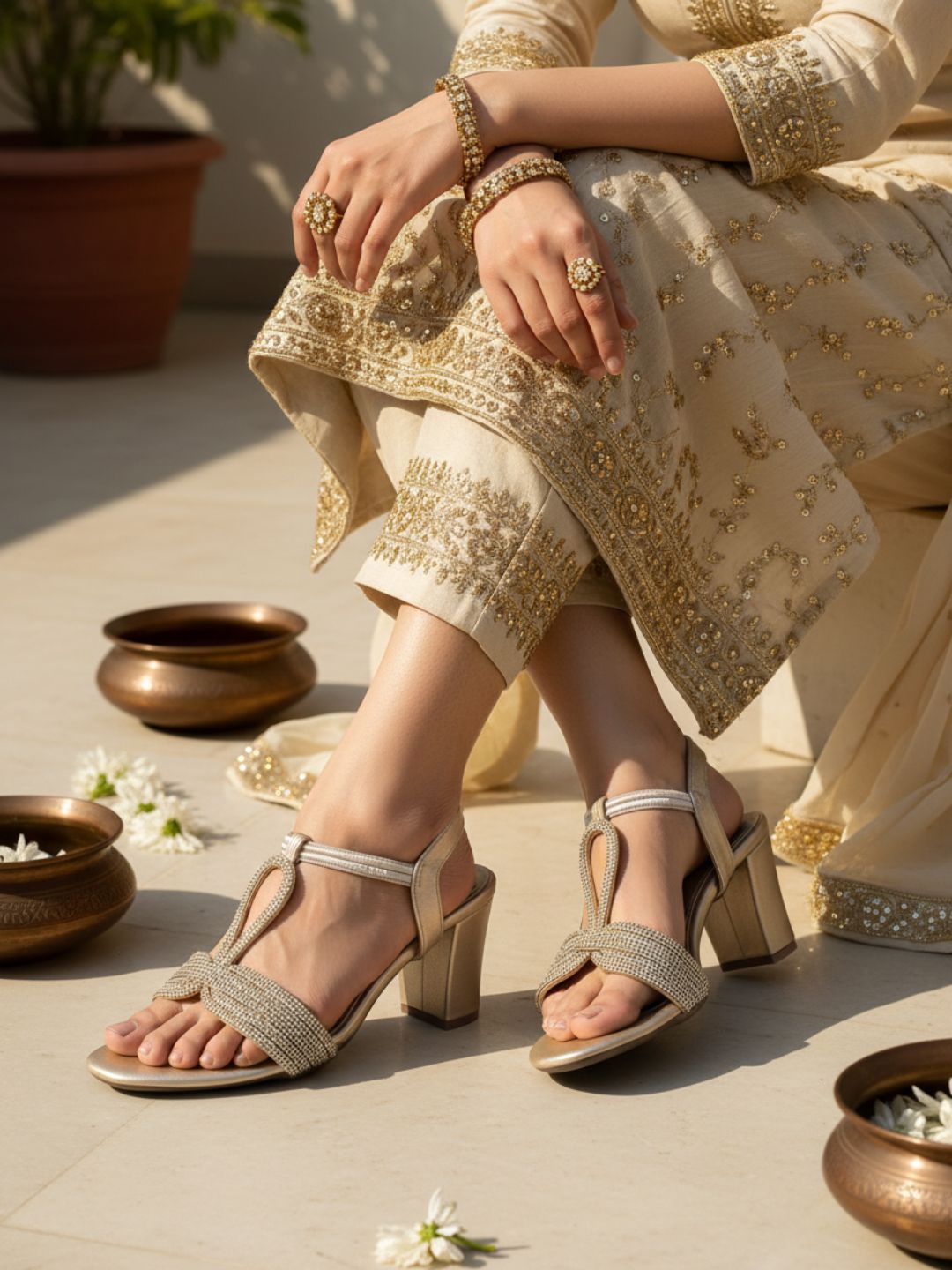 Womens Golden Embellished Round Toe Ethnic Block Heels