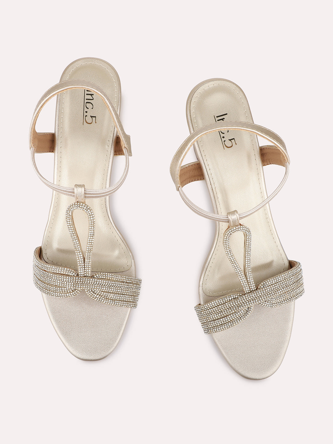 Womens Golden Embellished Round Toe Ethnic Block Heels