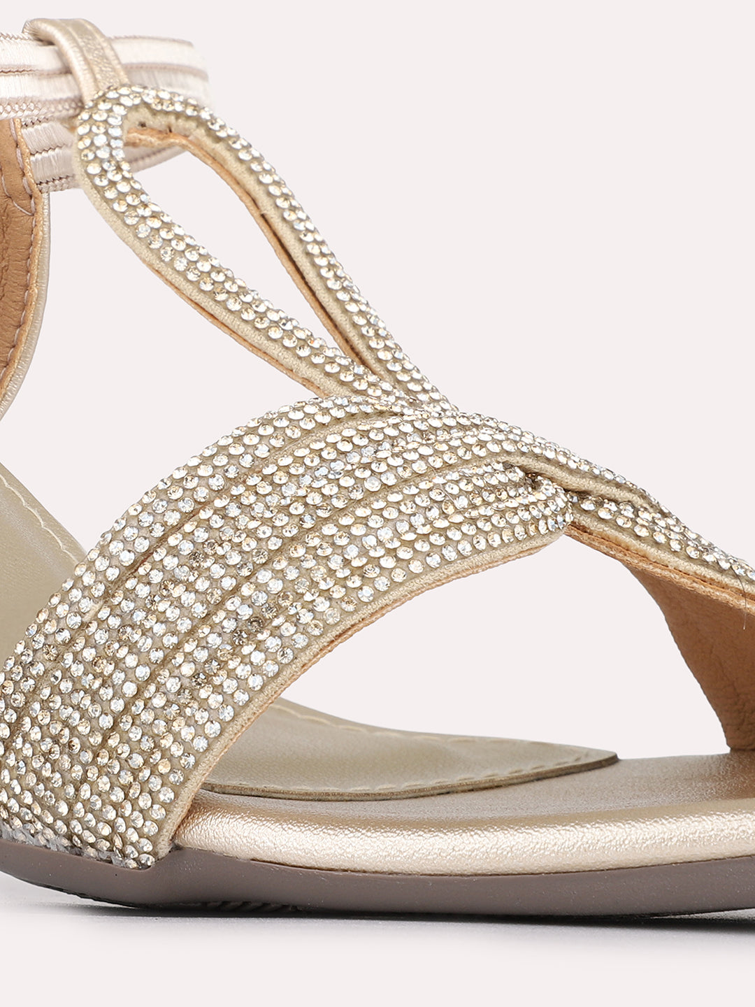 Womens Golden Embellished Round Toe Ethnic Block Heels