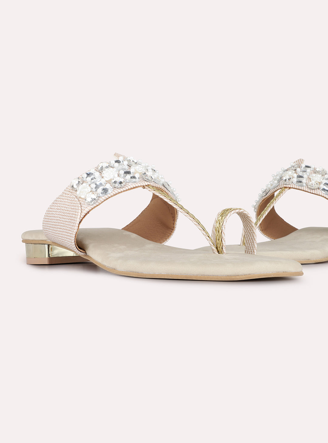 Womens Cream Ethnic Embellished One Toe Flats